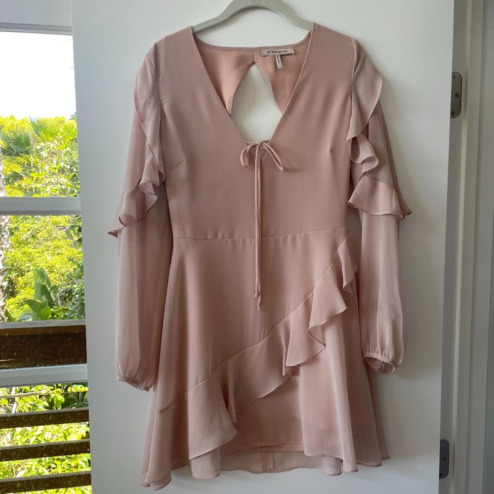 BCBGgeneration Long-Sleeve Sheer Ruffle‎ Necktie Dress, Back Cutout,  Pink, 6